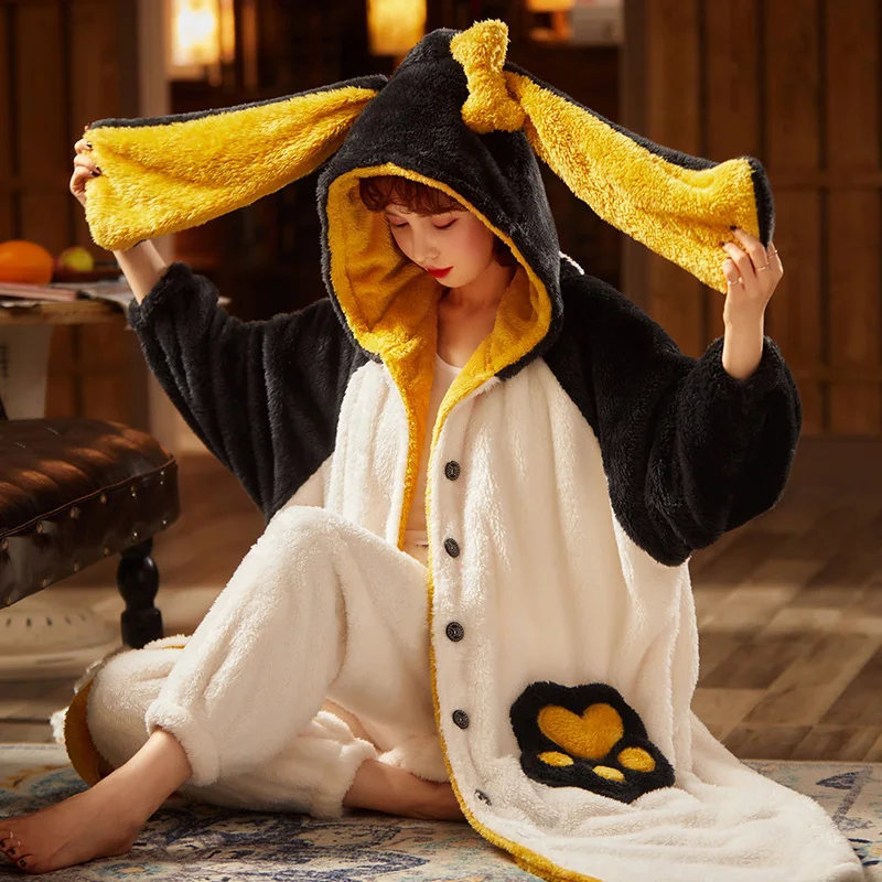 Winter Pajamas Plus Size Women Sleepwear Medium Style Set Loose Version Keep Warm Intensification Pyjamas Plush Nightgown Hooded