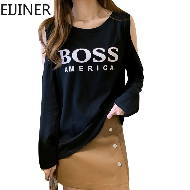 

Letter Print Off-Shoulder Long-Sleeved T-shirt Y2K Tops Women 2021 Spring Fashion Brown Loose Plus Size Soft White Harajuku Top