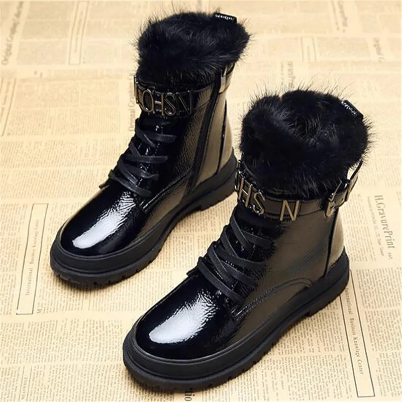 

Waterproof Leather Snow Boots Woman Short Boots Mink Hair Women Long Plush Warm Shoes Platforms Heel Footwear Buckle Black White