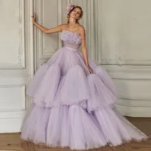 Robe De soirée De forme trapèze, en Tulle, lavande, sans bretelles, à volants, élégante, robe De bal, personnalisée, 2021  (1)