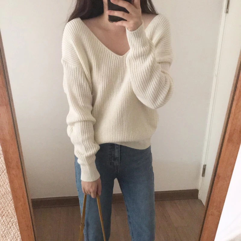 2 colors Korean style Knitted Sweater Women Autumn Winter V neck short design sweaters and pullovers womens (C9164) | Женская одежда