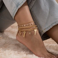 vintage bohemia lock pendant anklet for women punk key padlock pig nose chain ankle bracelet on leg barefoot sandal foot jewelry