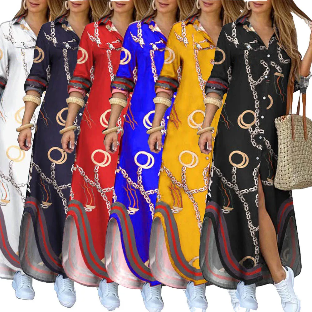 

Fashion Women Long Sleeve Shirt Dress Printed OL Long Dresses Vestidos Plus Size Turn-down Collar Loose Sundress Party Dresses
