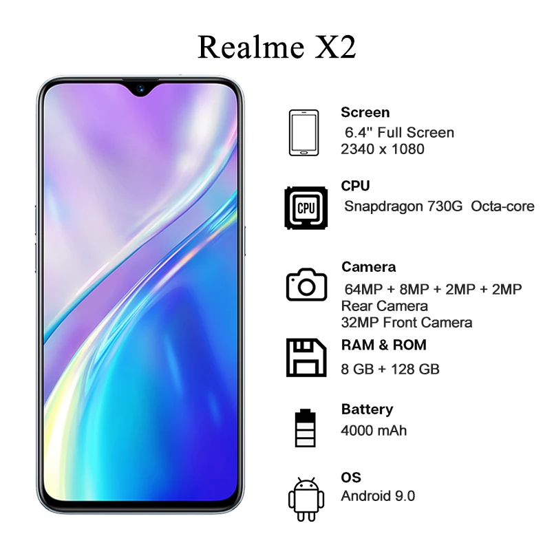 Realme X2 Smartphones 8GB 128GB 6.4'' 64MP Rear Camera Snapdragon 730G Octa Core 30W VOOC Fast Charger 4000mAh Mobile Phone |