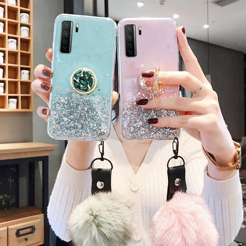 Чехол с помпоном из меха кролика на цепочке для Huawei P40 Pro Plus Чехлы и силикона