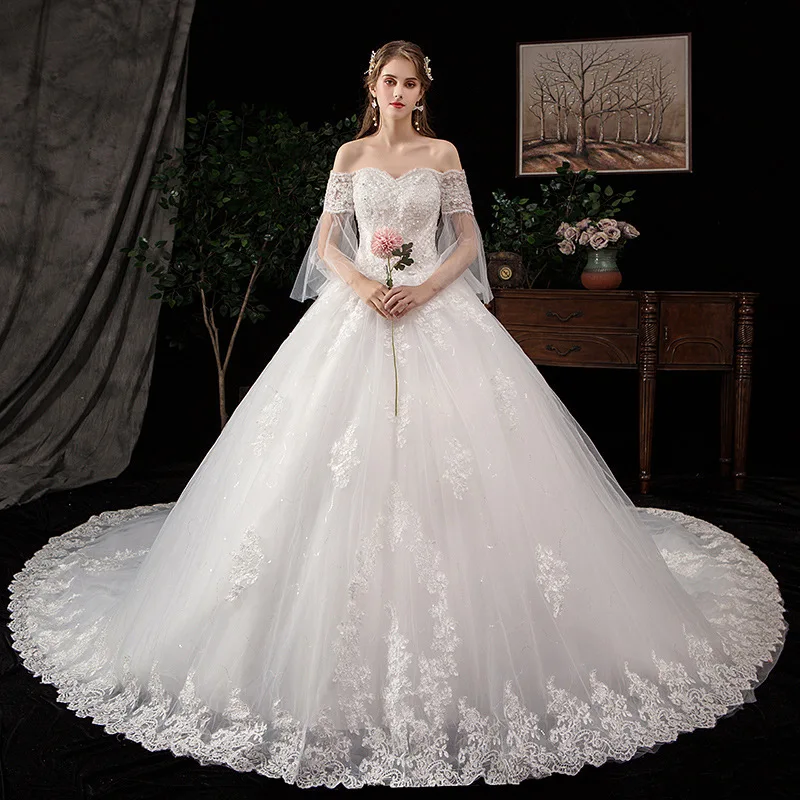 Bride Shoulder Large Size Lace Long Tailed Court Shiny mermaid boho Dress beach ball gown Wedding dresses floor length gowns | Свадьбы и