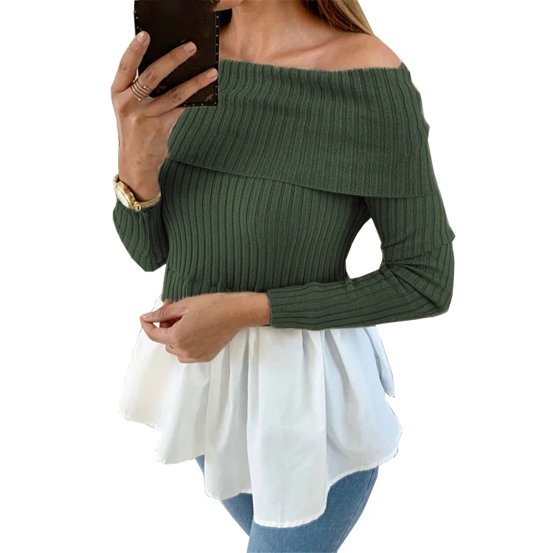 

Топ с открытыми плечами, длинный рукав, пэчворк, элегантная Офисная женская футболка, Женская Осенняя трикотажная теплая футболка, Femme SJ4702X