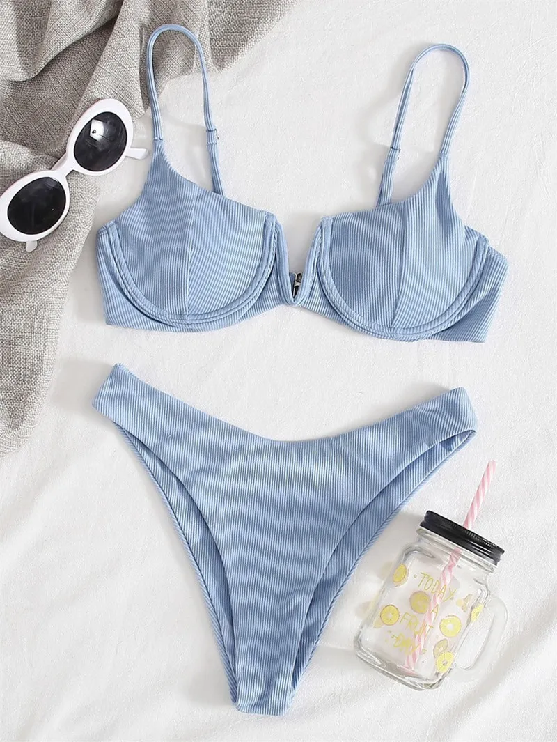 

Sexy Ribbed Underwired Bikini 2021 Women Solid V-bra Push Up Padded Two-pieces Bikini Set High Cut Bathing Suit Thong Swimsuit