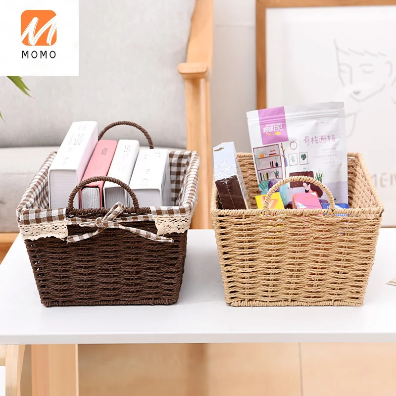 

Desktop Storage Basket Cosmetics Storage Box Rattan Sundries Storage Box Snack Storage Basket Fabric Handle Storage Box