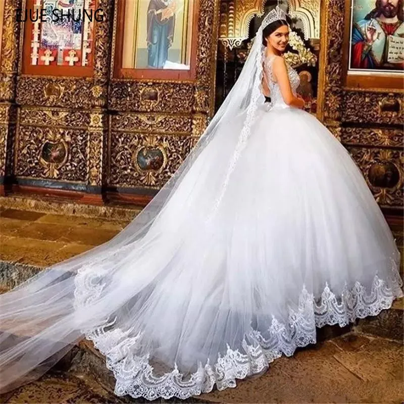 

E JUE SHUNG Luxury Princess Wedding Dresses Sheer Beaded Lace Appliques Lace Up Back Ball Gown Bridal Dresses robe de mariee