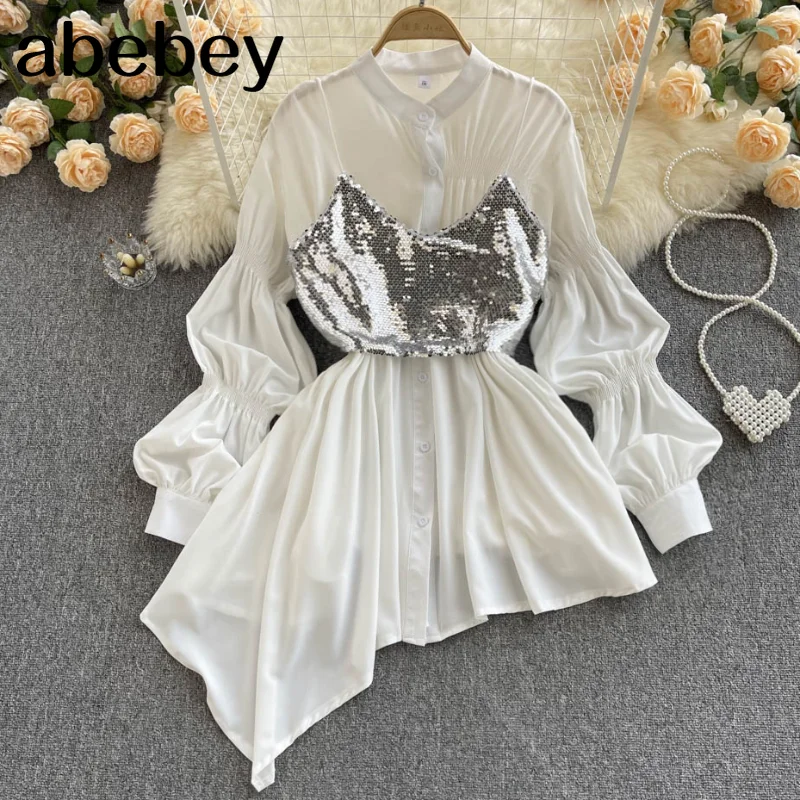 

Женская Асимметричная белая блузка, модная дизайнерская элегантная рубашка в Корейском стиле на пуговицах и с блестящими блестками, притал...