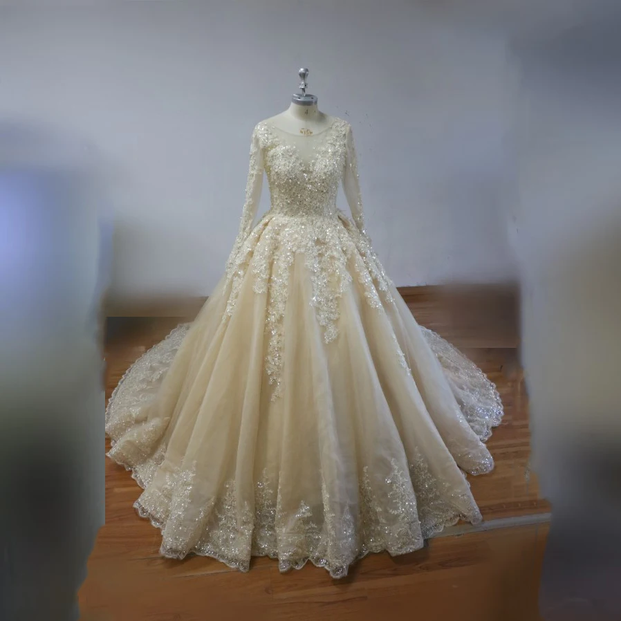 

100% Real Photo A Line Wedding Dresses Sheer Neck Lace Appliques Long Sleeves Bridal Gowns Lace Up Back Sweep Train Vestidos