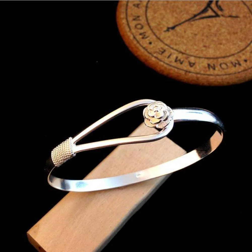 

925 Sterling Silver Rose Flower Bangle Bracelet for Women Wedding Engagement Fashion Charm Party Jewelry Gift