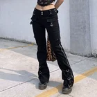 Черные прямые мешковатые джинсы в стиле панк с заклепками на молнии, женские Готические джинсы с низкой талией, брюки Y2k, эстетичная уличная одежда, брюки для темной Академии