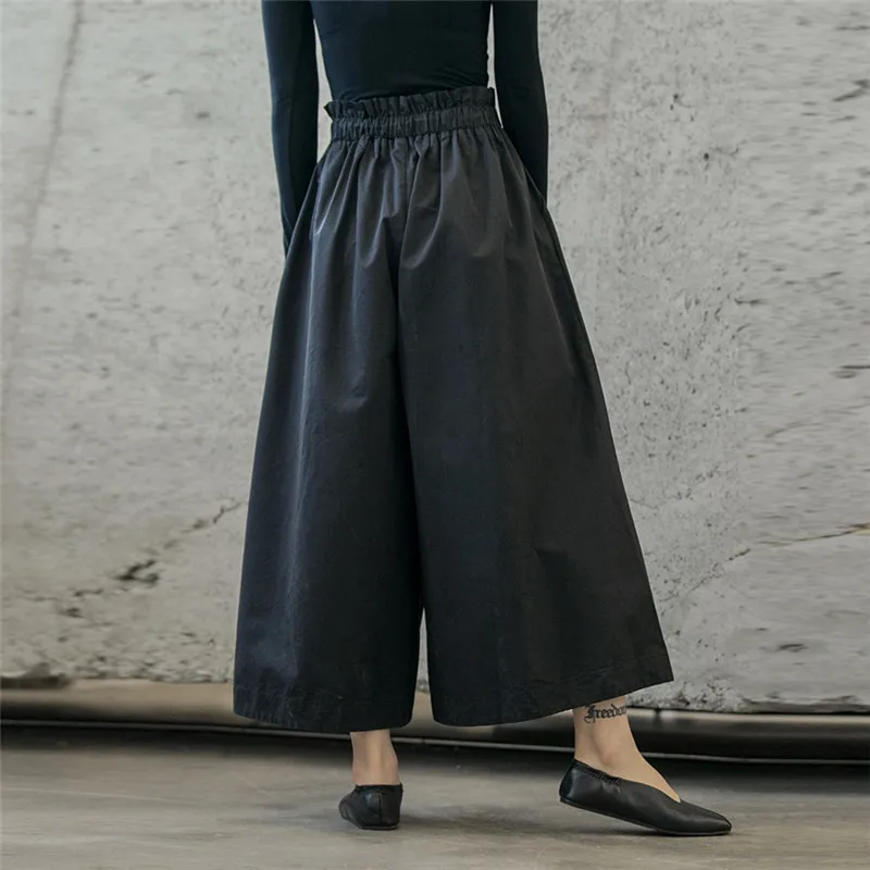 Johnature Vintage Japanese Plus Size Loose Solid Color Autumn Pants Women 2021 New Elastic Waist Tie Full Length Wide Leg Pants