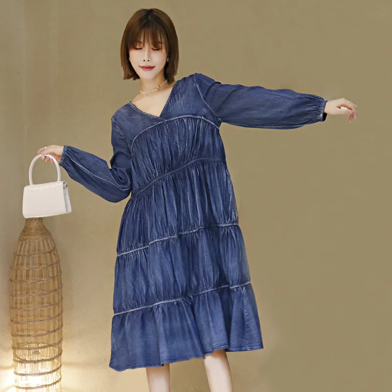 

Cascading Denim Woman Dress Spring Autumn Retro Loose Lantern Long Sleeve Long Dresses for Women TA82189