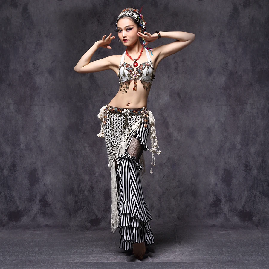 Женский платок для танца живота белый бандажный с кисточками и монетами