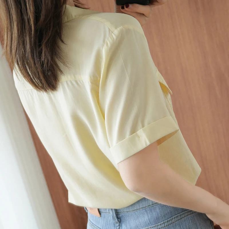 

New High Quality Blouses Women 2021 Summer Fashion Shirts White Tops With 2 Pockets Solid Short Sleeve Female Blusas Casual