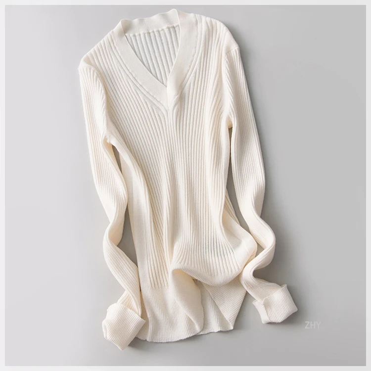 as photo Women Pullovers Wool knitted Sweaters V neck pullover Fall Winter Bottoming knit Natural Silk Basic Sweater - Цвет: as photo