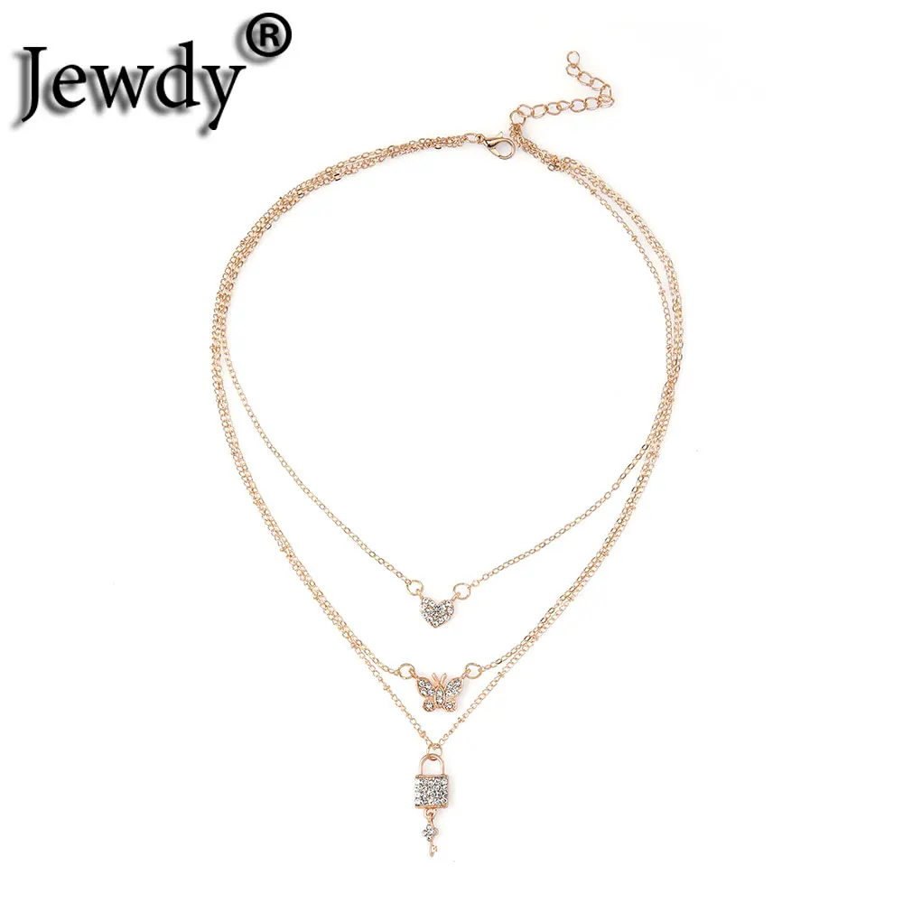 

Ocean Boho Butterfly Effect Chain Necklace White Rhinestone CZ Gold Steel Heart Lock Couple Pendant Necklace for Women Jewelry