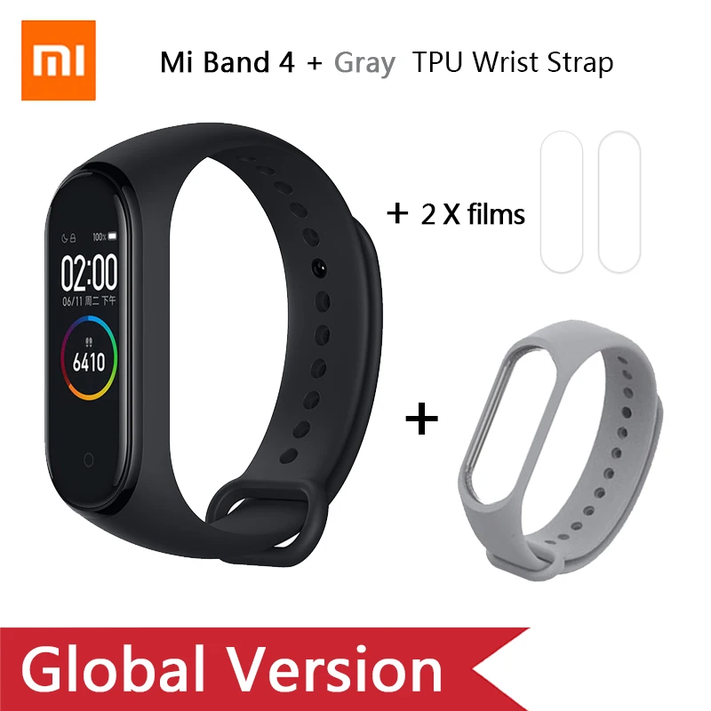 Add Grey strap Глобальная версия, Xiaomi mi-браслет 4 mi Band 4, музыкальный цветной экран, фитнес-частота сердечных сокращений, Bluetooth 5,0, умные часы, Russina - Цвет: Add Grey strap