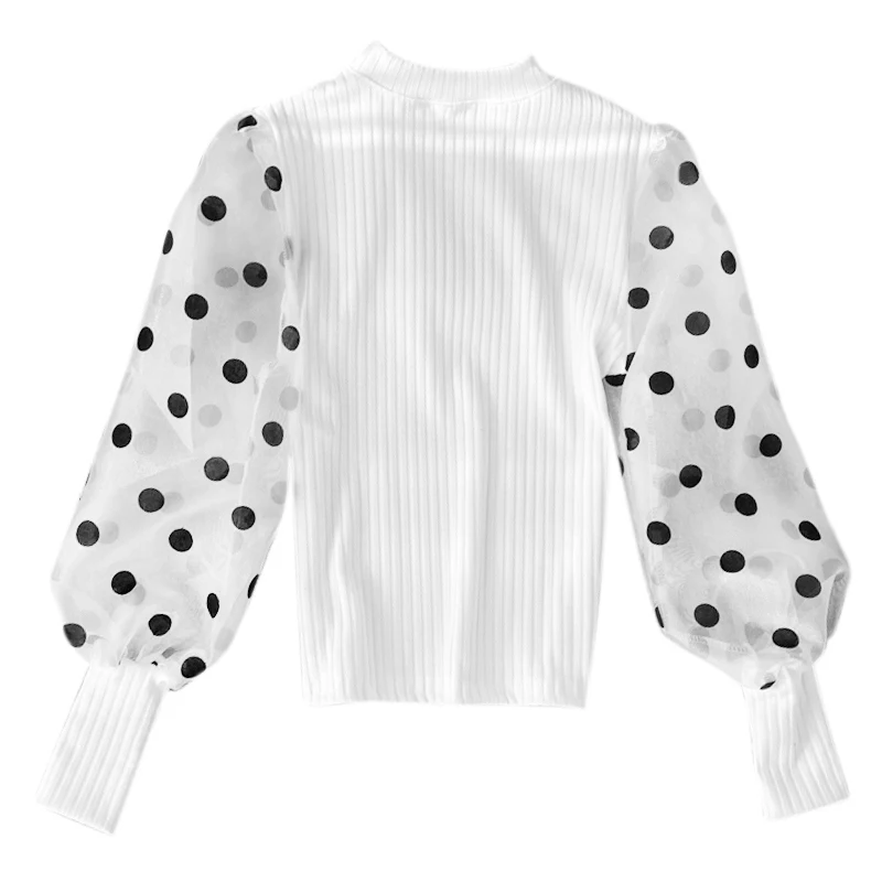 

Classic OL Style Shirt Autumn New Dot Puff Sleeve Knit Top Fashion Casual Round Neck Blouse White