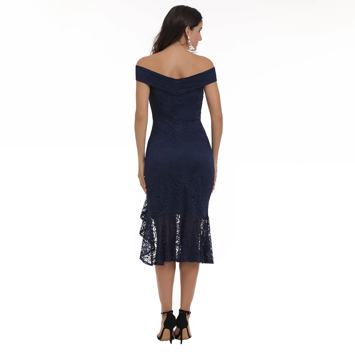 

Sexy Off The Shoulder Ruffles Sleeveless Bodycon Dress Lace Patchwork Backless Slash Neck Evening Party Dresses Women Elegant