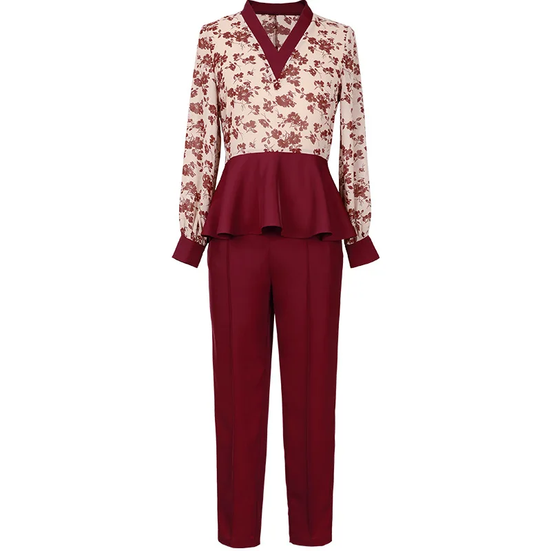 

2020 Spring New Temperament Women's Ruffled Floral V-neck Harem Pants Suit Fashion Slim Slim Two-piece Suit Female High Quality