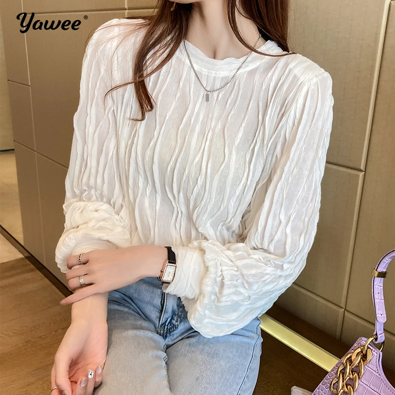 

New 2021 Spring Summer style Womenwhite Blouses Shirts Fashion Korean Style Elegant Office Lady Solid White Ladies Tops