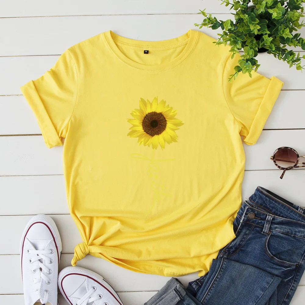 

Womans Plus Size Summer Cloths Top Sunflowers Print TShirt O Neck Short Sleeve Tees for Women 100%cotton Woman Tshirts