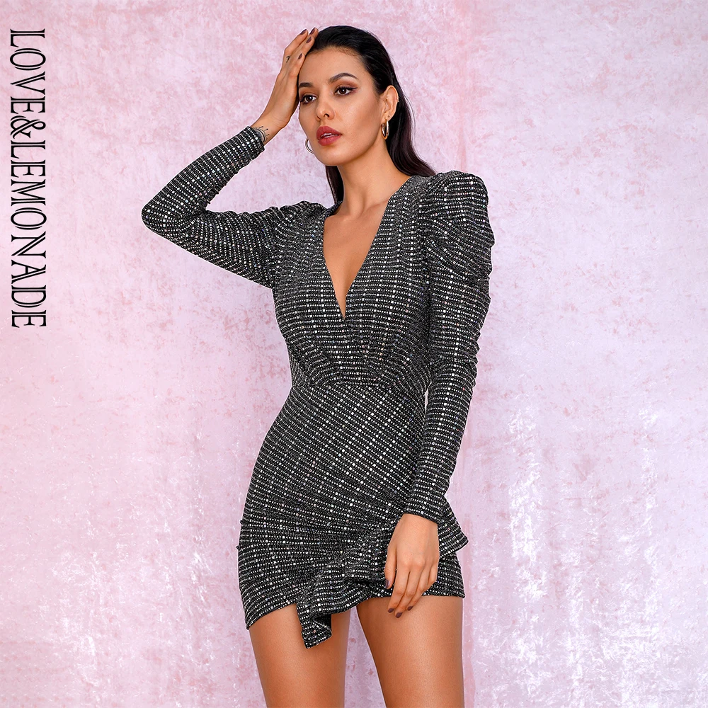 Женское облегающее мини платье LOVE & LEMONADE эластичное вечернее с глубоким V