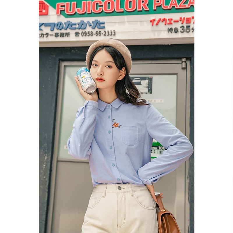 INMAN зима чистый Небесно-Голубой белка вышивка молодых милых леди блузка рубашка