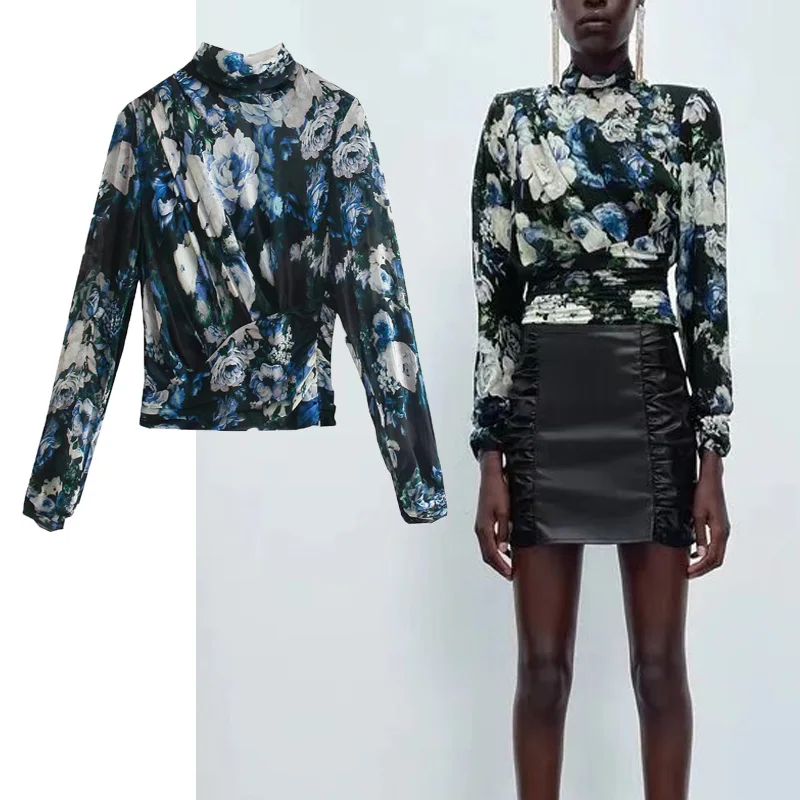 

WSL TRAF ZA Spring Autumn Print Blouse Shirt 2022 Woman Long Sleeve Causal Shirt Chic Button Waist Folds Design Streetwear Shirt