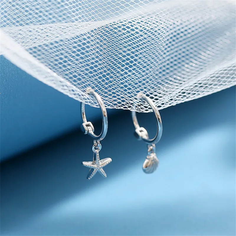 

Women Fashion Simple Asymmetric Design Niche Earrings Girls New 925 Silver Summer Starfish Shell Pendant Chic Cold Wind Earrings