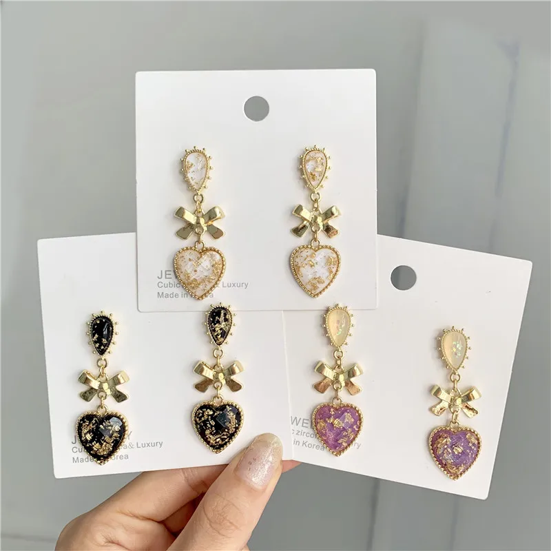 

Origin Summer Black White Purple Color Crystal Love Heart Dangle Earring for Women Waterdrop Alloy Bowknot Earrings Jewelry