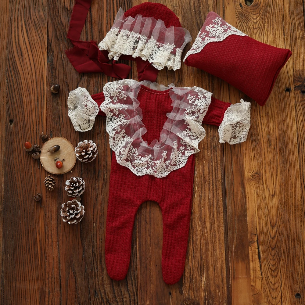 0-3Month Newborn Photography Christmas Baby Girl Lace Romper Clothing+Hat+Pillows Set for Photo Shot Prop Accessories