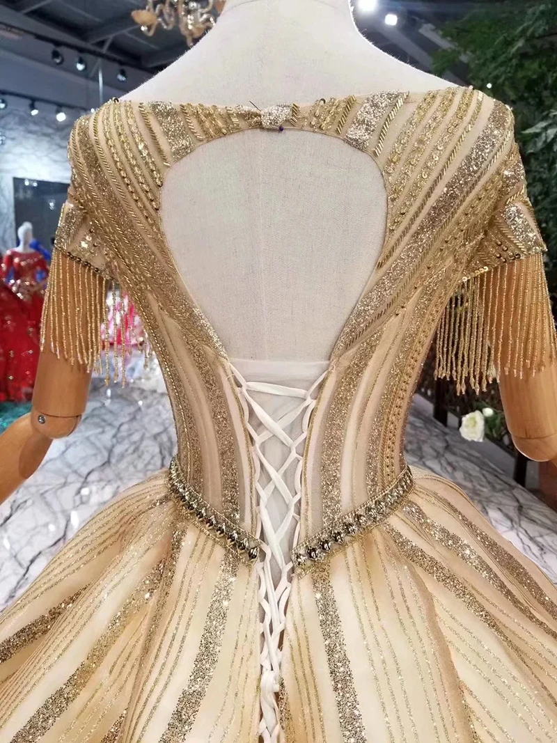 

BGW 22716ht Luxury Shiny Evening Dresses Tassel Short Sleeves Ball Gown Women Occasion Dresses Vestidos De Fiesta De Noche Largo