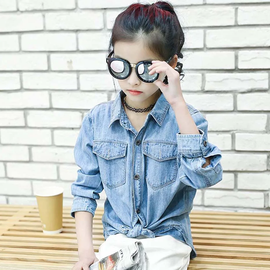 Весенняя Блузка для девочек однотонная джинсовая рубашка блузки с отложным