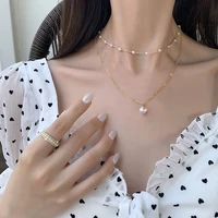 korean style trendy double layer beads chain choker imitation pearl pendant necklace for women kpop gold color collar for girl