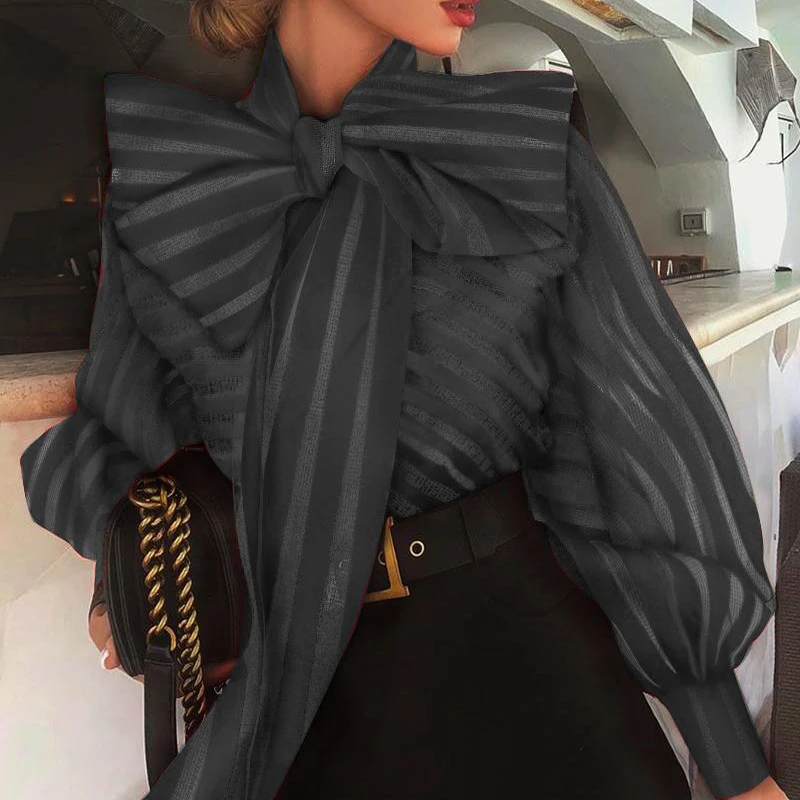 

Christmas Women Festival Mesh Top Casual Long Lantern Sleeve Striped Shirt Elegant Blouse Fashion Big Bow Knot Tee Clothes