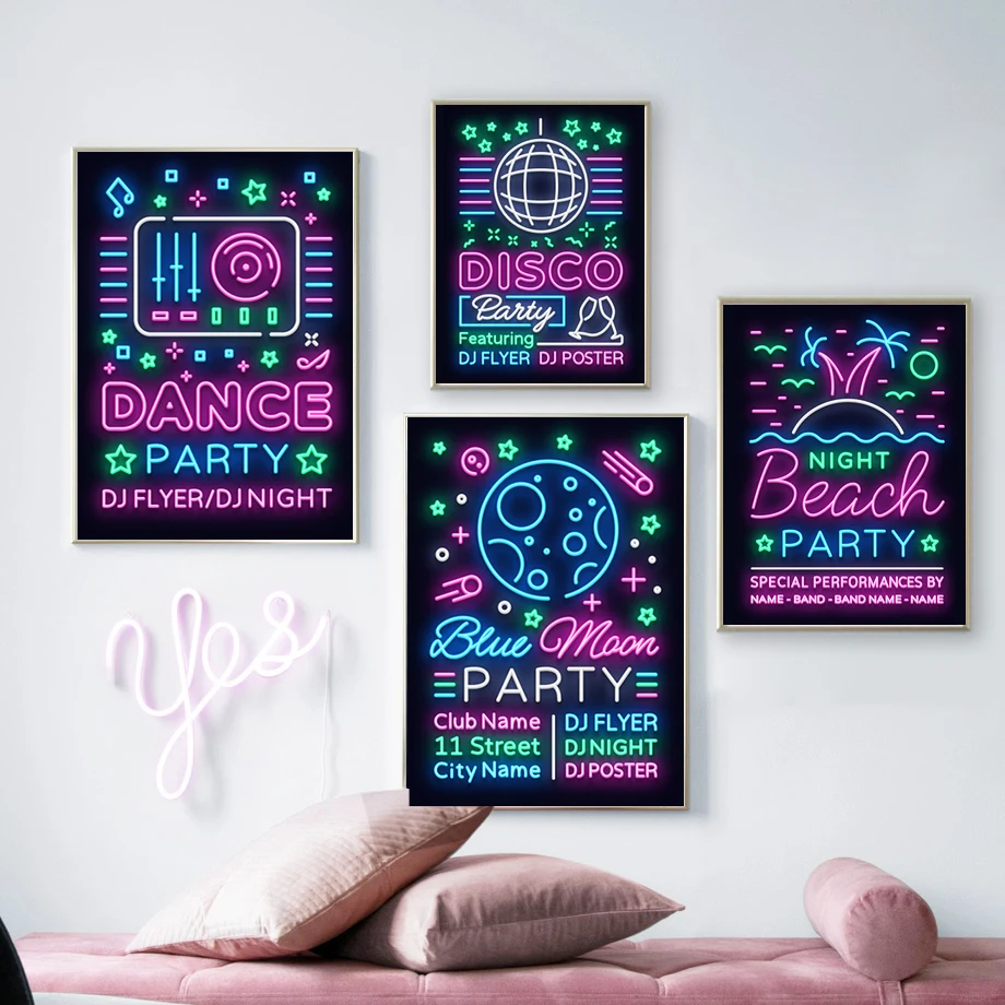 Яркая неоновая вывеска постер на холсте для вечеринки танцев диско настенные