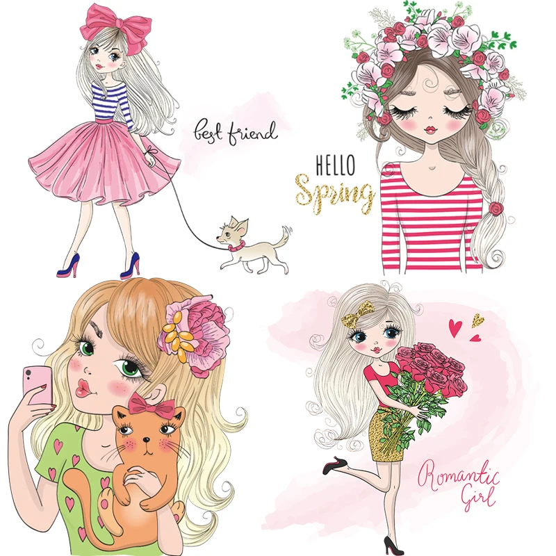 

Cartoon Girls Thermal Stickers For Clothes DIY Heat Transfer Cute Little Girl Patches For Clothes Iron On Transfer Appliques DIY