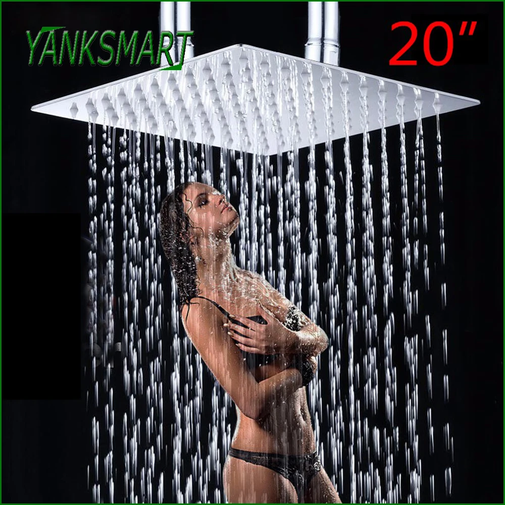 

YANKSMART 20 Inch Polished Chrome Finish Bathroom Square Stainless Steel Rainfall Shower Head Ceiling Mounted Shower Top