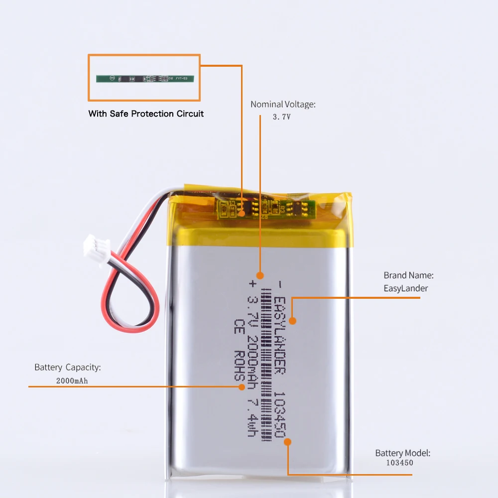3 7 V 2000mAh 103450 литий полимерная LiPo аккумуляторная батарея с JST 1 25 мм 3pin для Mp3 DVD PAD