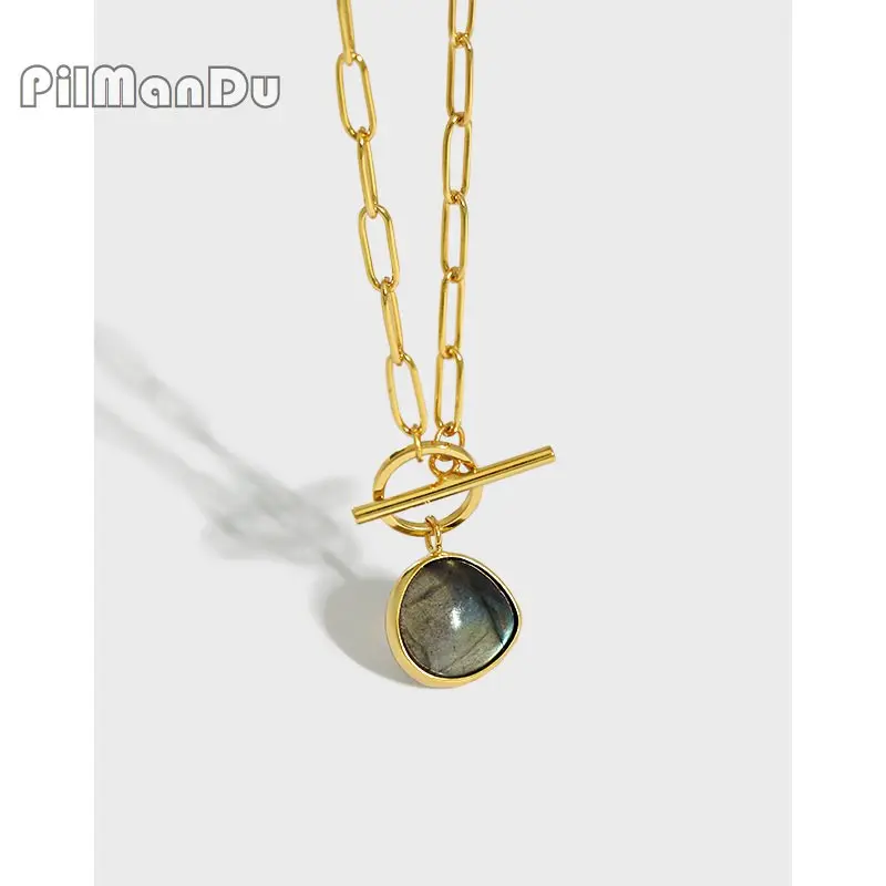 

PilManDu 100% S925 Sterling Silver Light Luxury OT Buckle Labradorite Pendant Necklace For Women Charm Clavicle Necklace Jewelry