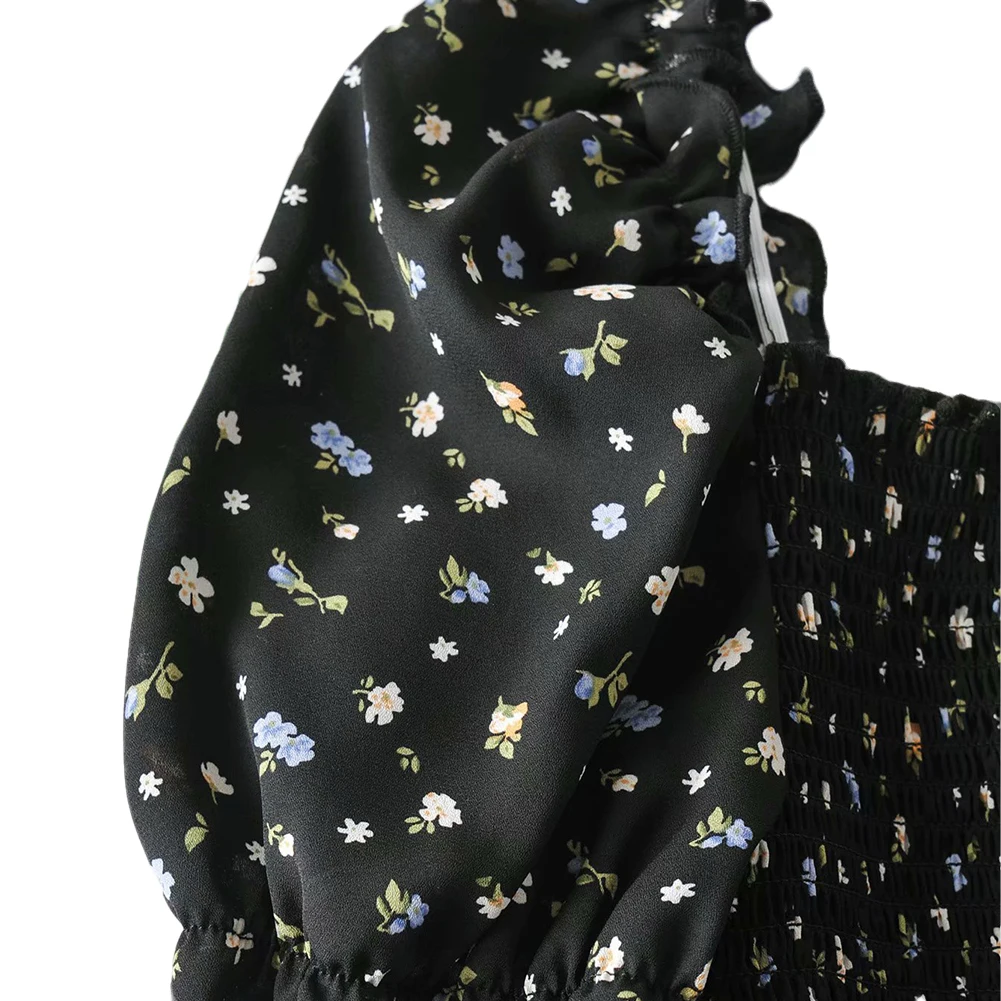 Женский пуловер с пышными рукавами винтажный черный топ цветочным принтом и