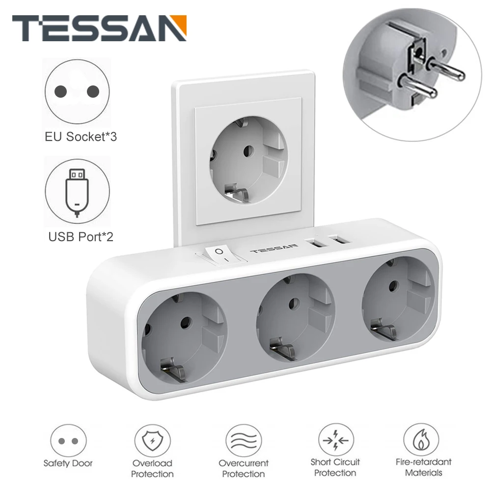 

TESSAN EU Power Adapter with On/Off Swtich 2 USB Ports 5V/2.4A and 3 AC Outlets 5 in 1 Wall Socket Power Strip for Home/Office