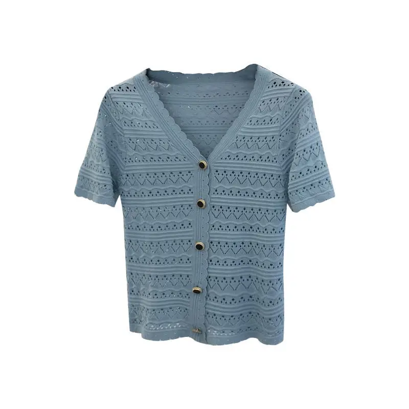 

Large women's 2021 new women's wear versatile cut out lace thin cardigan knitted T-shirt