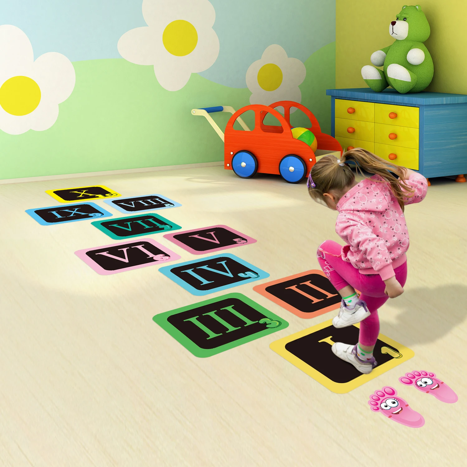 

Kids Wall Stickers Cartoon Rome Number Hopscotch Jump Plaid Digital Grid Children Game Floor Stickers Kindergarten Home Decor