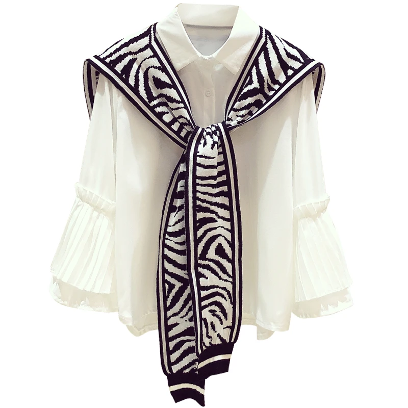 

Women's Shirt 2021 Spring New 3/4 Flare Sleeve Loose White Blouse + Zebra Pattern Knitted Shawl Female Top Two-Piece